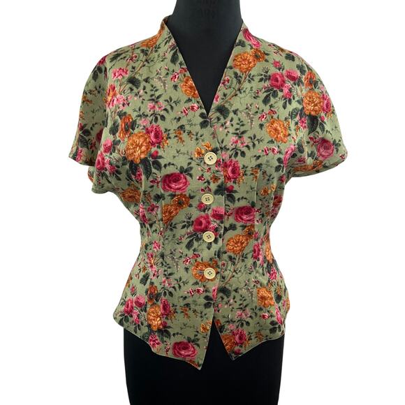 Vintage JOSEPH HO 100% Wool Pink Orange Floral Button-Up Tailored Dolman Top 8 - Picture 1 of 7
